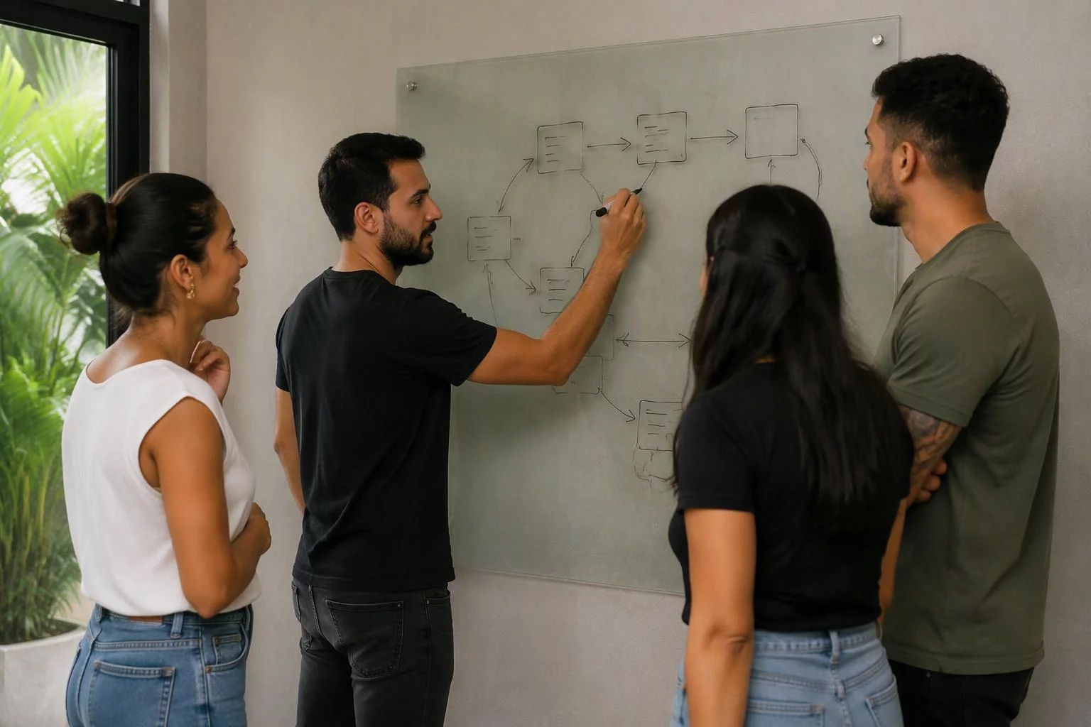 Equipe em pé diante do quadro com o ciclo de vida de uma assinatura