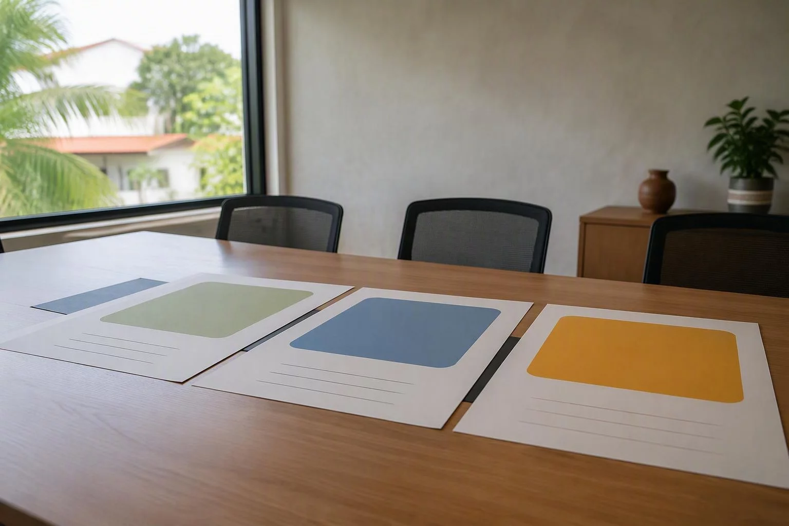 Cartões de plano dispostos lado a lado sobre a mesa de reunião