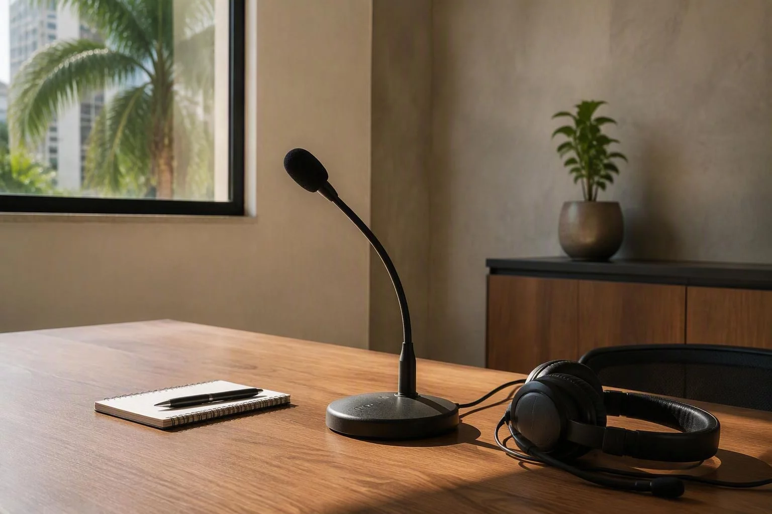 Microfone de mesa do posto de atendimento, com o fone ao lado